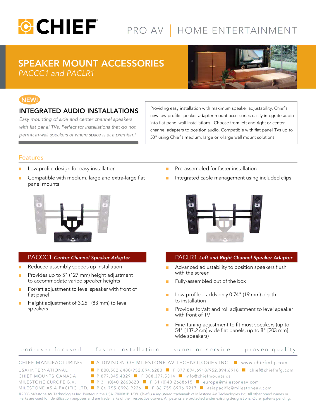 Chief Manufacturing manual PRO AV Home Entertainment, Speaker Mount Accessories, PACCC1 and PACLR1, Features 